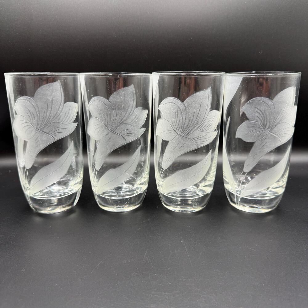 Vintage McBride Cameo Frosted Floral Clear Glass Set Dinner Party Clear Iced Tea
